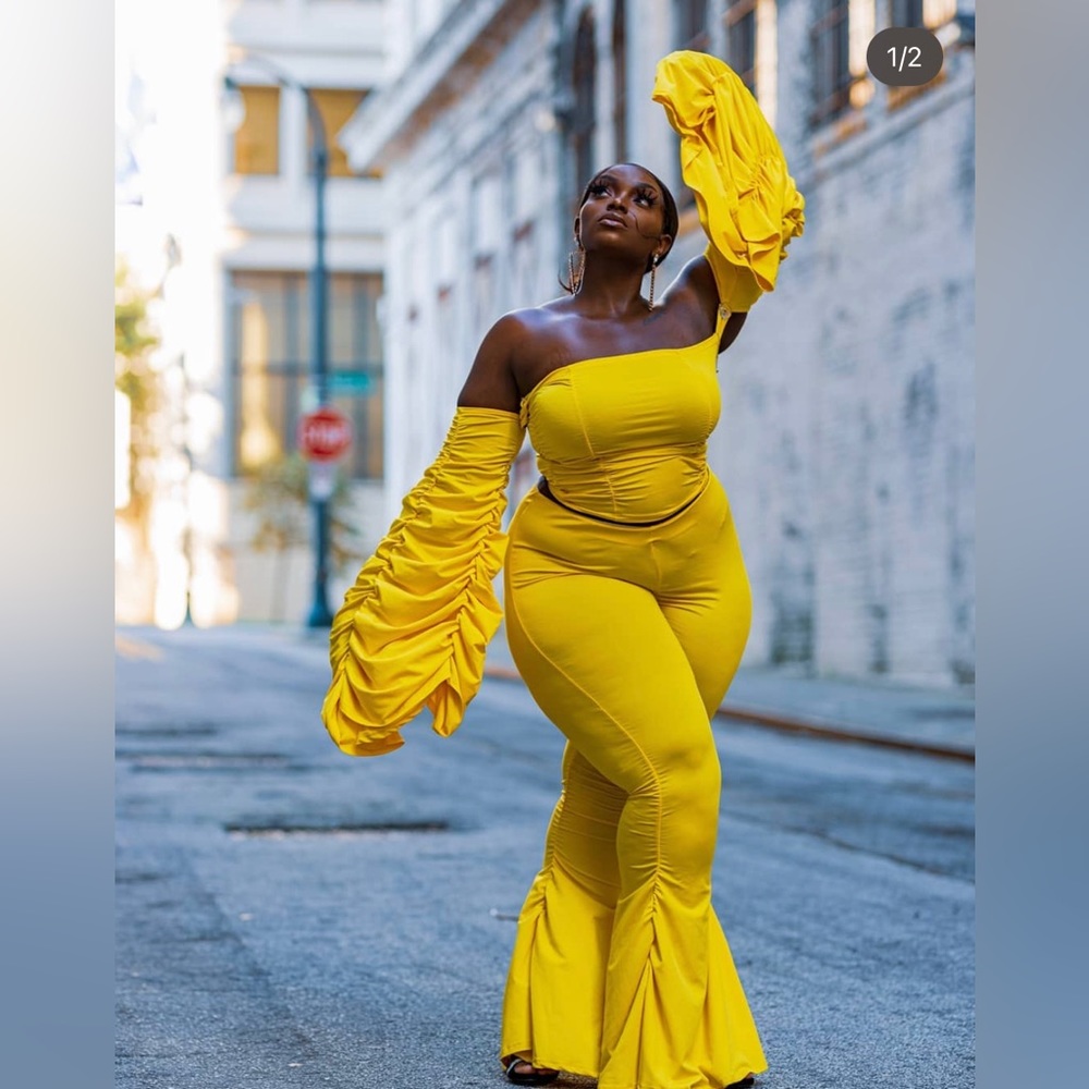 Off Shoulder Bandeau Long Sleeve Ruched Crop Top and Long flared pants